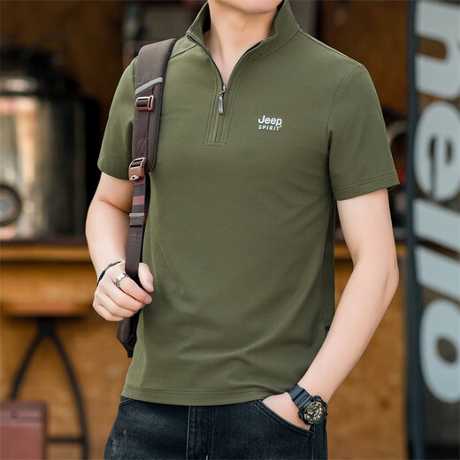 JEEP SPIRIT吉普休闲立领半拉链短袖t恤夏男士弹力半袖绣标棉质纯色透气体恤 军绿色 L 175/96A 建议130-145斤