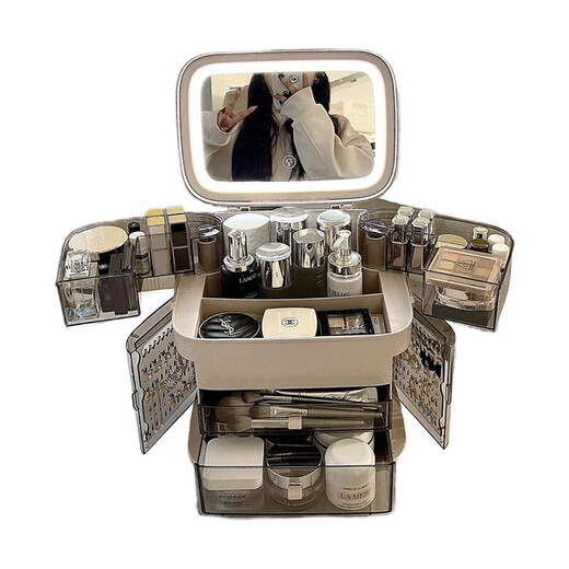 Yunya cosmetics storage box desktop LED light with mirror multi-functional all-in-one dressing table storage rack lipstick storage cabinet makeup storage box LED mirror fan fixed makeup style