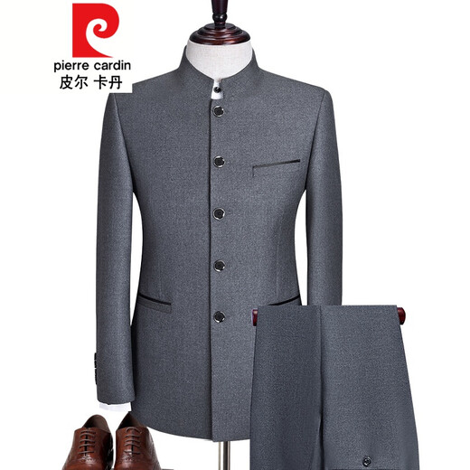 Pier Cardin Frühling und Herbst Zhongshan Anzug Hersteller mittlerer und junger chinesischer Stand-up-Halsband Anzug Korean Slim Bräutigam Chinesische Kleid versteckte Knopf Black 687 Zweiteteset 170/114