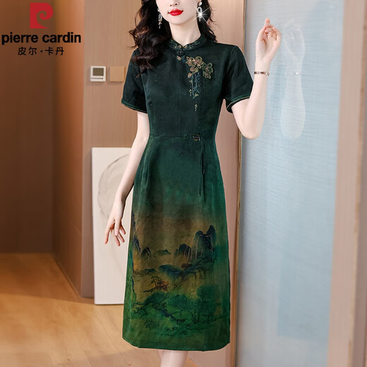 
Pierre cardin brand Xima Xiangyunsha dress for women 2025 new style mom temperament dress imitation silk modified cheongsam day red JY-9906 4XL