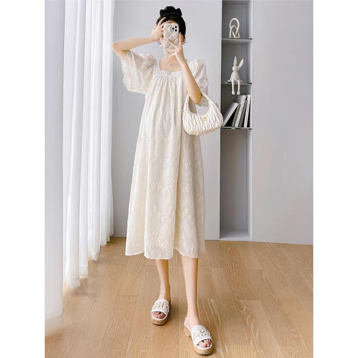 Geman maternity dress summer loose large-size top covering belly summer skirt puff sleeve maternity dress summer skirt off white skirt (recommended 120-140 Jin [Jin equals 0.5 kg])
