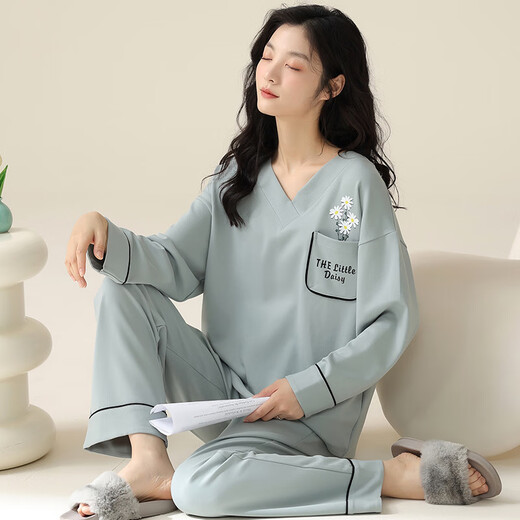 莫代尔睡衣女春秋季长袖长裤可外穿100%纯棉透气舒适可外穿女士家居服 332FC679 M