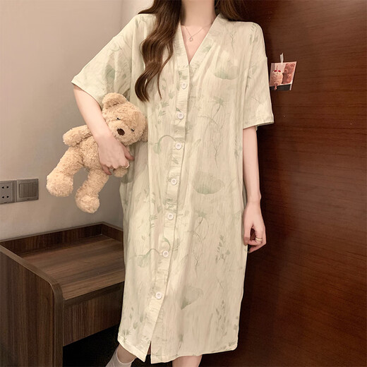 另约新中式睡裙女带胸垫夏季短袖复古风高级感睡衣连衣裙春秋款家居服 5155 绿色花朵 带胸垫 XXL