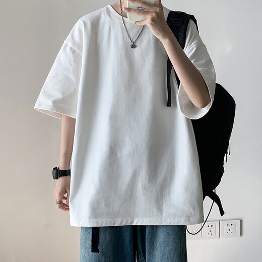 Dingfengbaoluo Japanese solid color cotton short-sleeved T-shirt men's summer basic loose bottoming inner wear DF230 white L