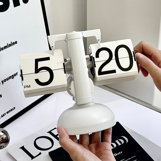 Retro European desktop mechanical automatic page-turning clock for home living room and office creative desktop clock ornaments page-turning clock - matte white, free battery