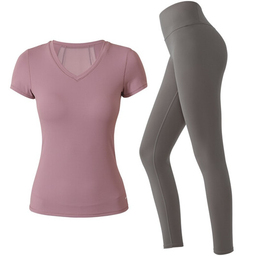 Aixiabu women's yoga suit spring and summer quick-drying short-sleeved sports T-shirt professional Pilates fitness clothing beautiful back large size misty purple top + ancient wood gray nine-point pants XL