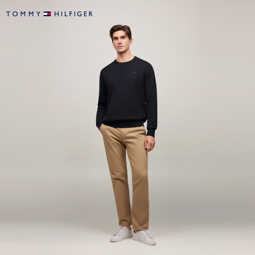 TOMMY HILFIGER solid color V-neck autumn and winter men's pure cotton business casual simple embroidered logo bottoming sweater sweater solid color round neck - black 012 S (recommended 120-135Jin Jin equals 0.5 kg)