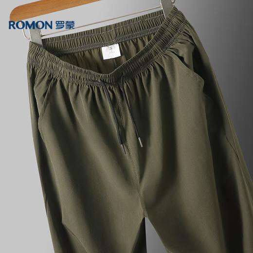 ROMON casual pants men's summer loose sports straight pants ice silk elastic nine-point pants men's clothing 718 military green M