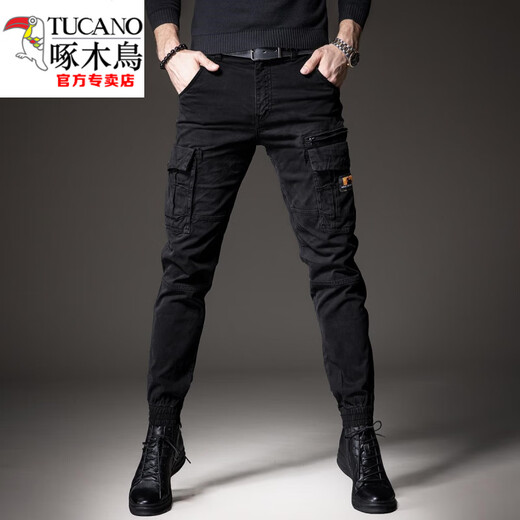 Woodpecker (TUCANO) 2024 Spring and Autumn New Work Pants Men's Trendy Brand Multi-Pocket Thickened Retro Casual Men's Pants Slim-fit Legging Pants 691 Black 28