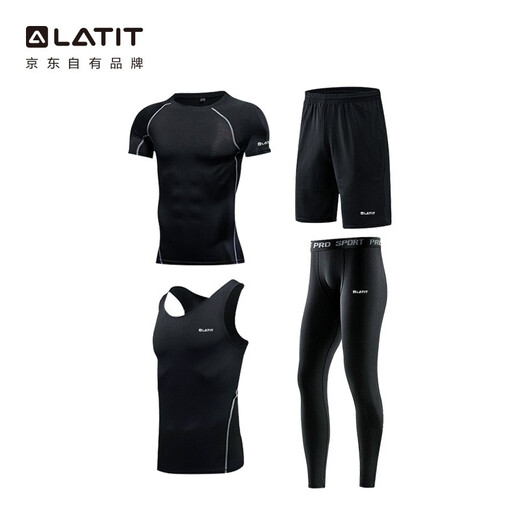 LATIT Jingdong's own brand sports suit men's summer fitness running tights shorts compression trousers basketball uniform T-shirt NZ9001-black stitching-short-sleeved four-piece set-XL