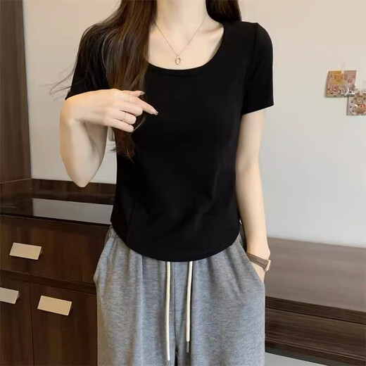 妃丽慕尚2025夏季新款正肩方领短袖t恤女不规则鱼骨显瘦小个子遮肚上衣潮 829白色 XL 建议120-140斤】