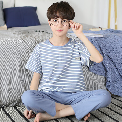 
Mannido children's pajamas boys short-sleeved trousers autumn clothes boys all-cotton air conditioning set big children teenagers pure cotton home clothes N9901 [short length] 170 XL code recommended 165-170cm