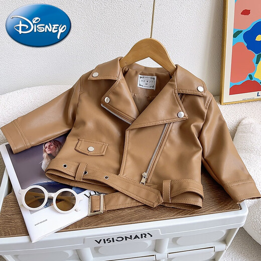 Disney (Disney) Girls Leather Jacket 2024 Autumn New Children's Style Korean Style Baby Motorcycle Jacket Spring and Autumn Jacket Top Black Motorcycle Lapel Leather Jacket 90 Tag 90 Suitable for 90cm