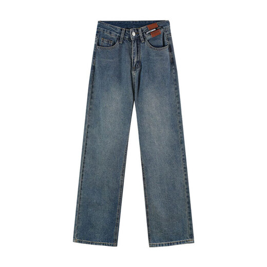 Markyinxiang verdickte warme Jeans für Frauen im Herbst und im Winter lose Design Ledermarke hohe Taille gerade plus Samtboden mit weit langen Hose Retro Blau [verdickt] plus Samt HN684-2 plus Samt S