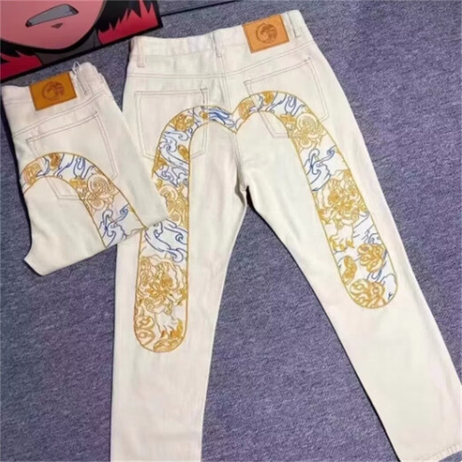 妍黛妮2024春秋云腾牛仔裤男潮牌个性大M刺绣印花休闲修身直筒网红裤子 痞迪-9227图色 28