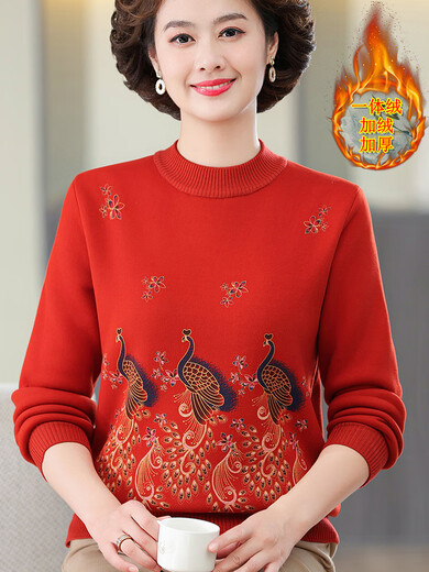 Mitte und ältere Mütter warme Tops einzelner Herbst- und Winterpullover plus samtiger verdickter Basispullover-Pullover Jahr Red 6629 Red XXL [Empfohlen 130-140jin [Jin entspricht 0,5 kg]]