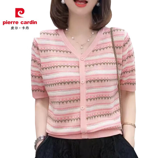 皮尔卡丹冰丝开衫短袖t恤女夏季2024新款设计感粉色提花条纹休闲薄款上衣 1049#灰色 XL 【建议115-130斤】