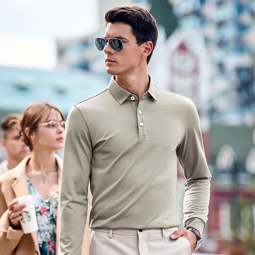 Mr. Bu spring and autumn style men's long-sleeved pure cotton T-shirt patented eight-character collar business casual men's clothing BT11972 bronze green M (170)