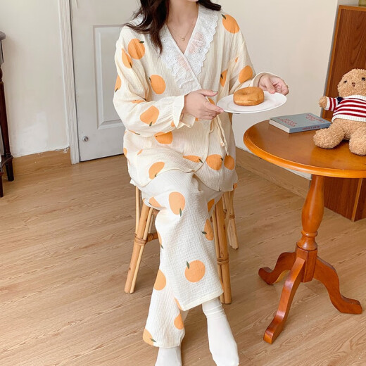 月子服夏季产后棉纱布哺乳睡衣女春秋孕妇喂奶家居服套装可外穿纯 橙色橘子和服A1049#A M 80-100斤