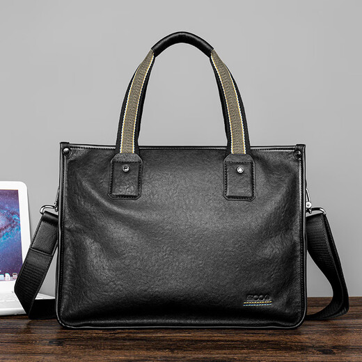 
COW briefcase men's head layer cowhide men's handbag large capacity genuine leather bag C-8621 elegant black 14 inches