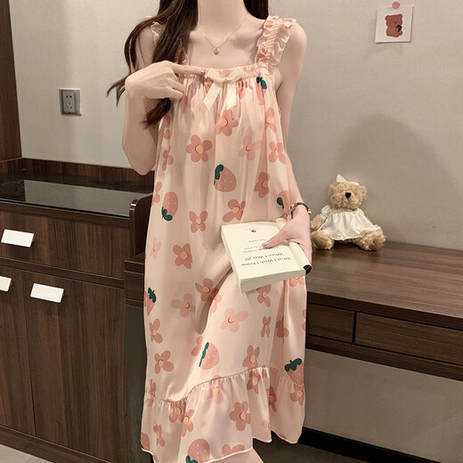 BEI YIFU Camisón para mujeres en verano con almohadilla de pecho de hielo de alta gama Pajamás de pijama de verano Damas dulces y lindas ropa para el hogar 1355#Flores rojas 2xl