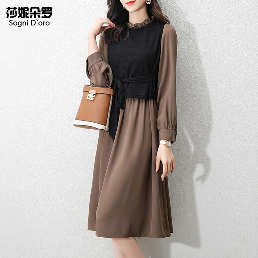 Shanidoluo large size women's clothing fat sister spring and autumn style slimming medium length fake two-piece fat mm belly-covering chiffon dress 16788 khaki 2XL recommended 120-140Jin [Jin equals 0.5 kg] to wear
