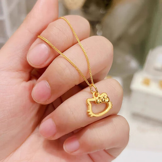Jingyuelong Pure Gold 999 Hello Kitty Pendant Gold KT Cat Frame Bow Pendant Women's Necklace as a Gift for Girlfriend Gold Light Small Hollow Cat Approximately 0.23-0.28g+S925 Necklace