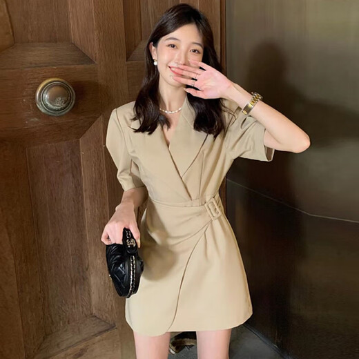 燕浔连衣裙女夏季2025新款女装气质高级感收腰显瘦短款西装短袖裙子女 卡其色 M 建议85-100斤