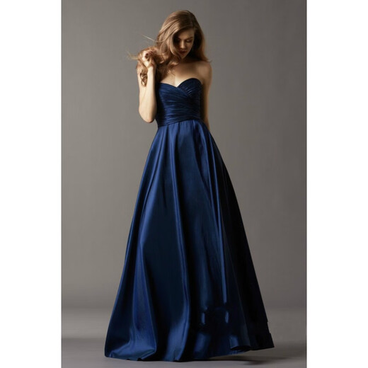 Timochi satin dress women's banquet evening dress tube top long / European and American elegant floor-length taffeta / performance host dress navy blue short XXL