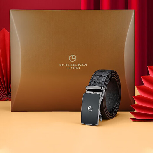 Goldlion men's belt automatic buckle belt high-end wooden gift box deerskin cowhide trouser belt birthday gift for dad