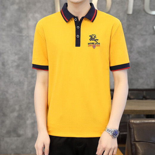 BABIBOYPOLO shirt men's stand collar fashionable British style short-sleeved T-shirt men's embroidered casual business slim versatile Paul shirt men's top yellow M