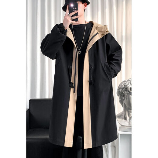 Kaduton Spring and Autumn Long Knee Windbreaker Men's Hooded Korean Large Size Loose Contrast Color Spliced ​​Jacket Men's Coat Trendy Cloak Black Spring and Autumn Style 2XL (Recommended 155-180Jin Jin is equal to about 0.5 kg)