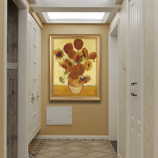 帝旗 十四朵向日葵 梵高世界名画手绘油画玄关装饰画过道走廊餐厅挂画 692金实木框 100X150