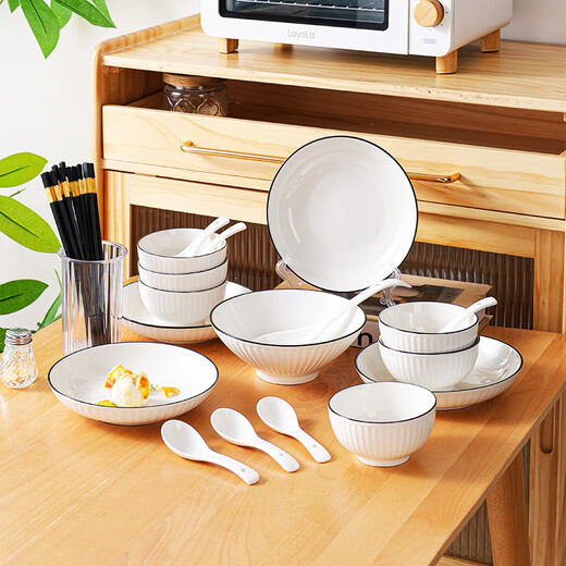 Chuanqi ceramic tableware 12-piece bowl and plate set underglaze color tableware set dish set microwave oven simple black line vertical pattern