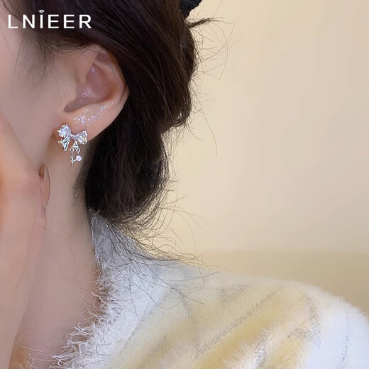 Lnieer999 Pure Silver Bow Earrings Women's Light Luxury High-end Cold Style Earrings 2025 New Hot Style Versatile Earrings Bow Earrings 999 Pure Silver