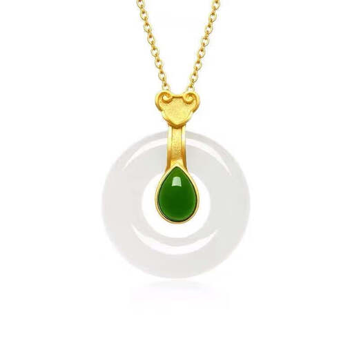 Holy glass gold inlaid with jade and Hetian jade gold peace buckle pendant 18K color gold fox necklace 2021 new style for girlfriend Jasper fox necklace
