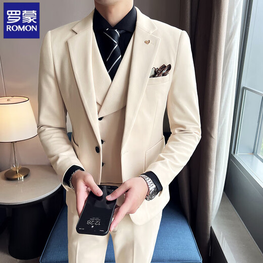 ROMON's new autumn and winter thickened warm woolen suit suit for men, Korean style slim fit groom and best man wedding suit, gray suit + vest + trousers, free tie 3XL
