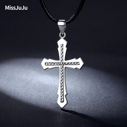Miss JuJu men's platinum pendant trendy men's flame cross pt950 platinum pendant glossy car flower personalized pendant for women car flower version 8.9-9.1g+ with black leather rope