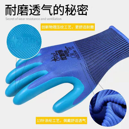 星宇优耐保压纹透气耐磨A698劳保浸胶防滑半挂胶手套 优耐保大码半挂胶A698一包12双 均码