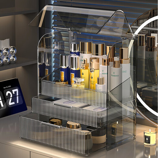 He Jiagong cosmetics storage box dust-proof capacity dressing room makeup box skin care product storage rack desktop three-piece makeup box + lipstick box + dust-proof makeup brush holder