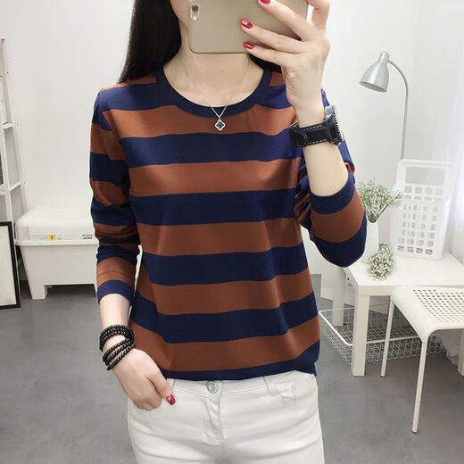 
Kexin 145150 short round neck long sleeve T-shirt for women plaid high-end color woven spring and autumn striped long T-shirt for women K829 ruby ​​blue_(color) L suggestion 106-120Jin[Jin equals 0.5 kg]