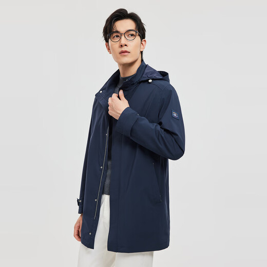 Septwolves windbreaker with removable hood and recyclable fabric mid-length windbreaker, warm, comfortable and versatile for commuting, men's jacket 101 (Navy Blue) XL 175/92A