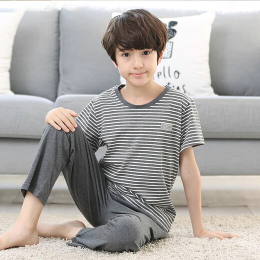 Emberlove Kinderpyjamas Jungen Sommer neue pure Baumwollkinderkinder-Kurzarm-Langhosen Jungen Jungen runden Hals Home Kleidung N9903 [kurz und lang] 150 s Größe 65-80jin [Jin gleich 0,5 kg]