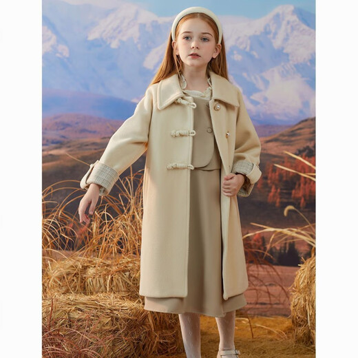 Disney Girls' Woolen Coat Autumn and Winter New Style Western Style Large Children's Woolen Coat Thickened Padded Mid-Length Winter Clothes Beige Single Layer Lining 150