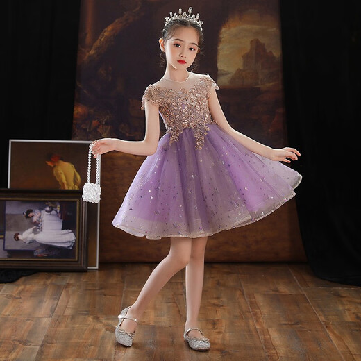 女童公主风秋冬轻奢高级感套装小学生合唱古筝钢琴演出晚礼服裙子 1591紫色短袖短款 130