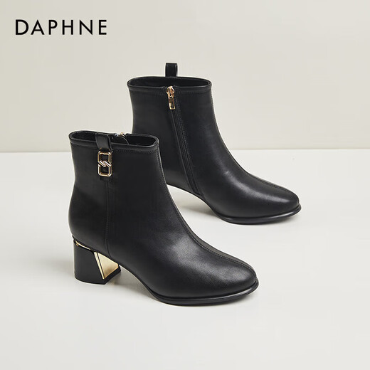 Daphne high heels women's French thick heel short boots heightening slimming leather boots for women 4622607023 black (plus velvet) 36