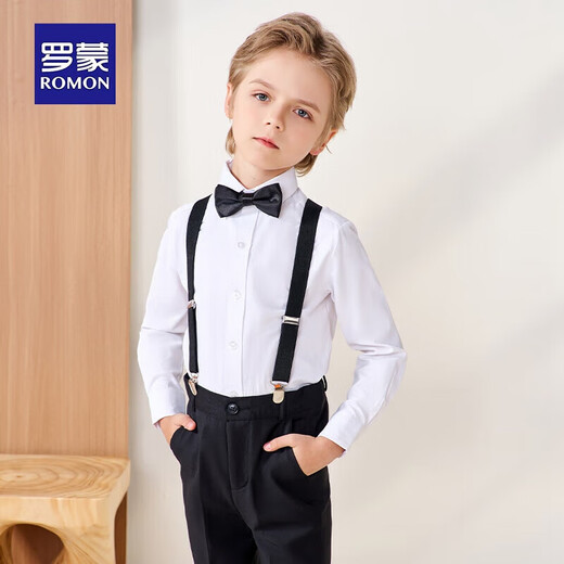 罗蒙儿童礼服六一演出服男童毕业主持长袖长裤背带套装 黑色150