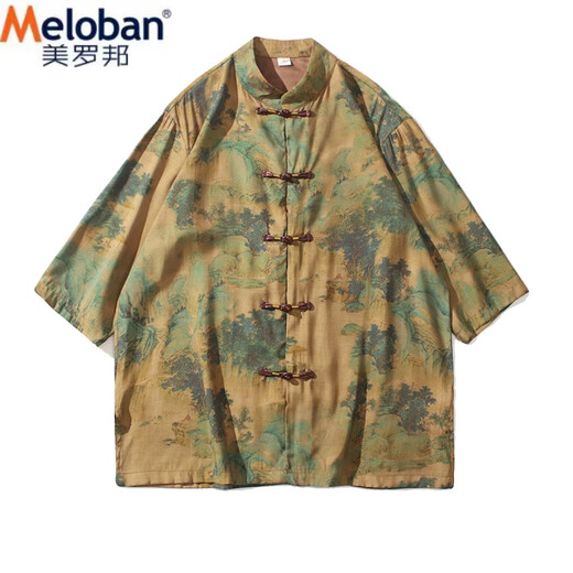 美罗邦 MELOBAN夏季薄款衬衫中国风休闲男装冰丝唐装汉服短袖宽松五分袖盘扣衬衣 山水 4XL 参考175-190斤左右