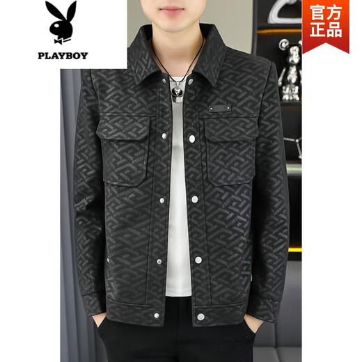 花花公子（PLAYBOY）男士翻领潮流夹克春秋装新款条纹外套中青年休闲轻熟风帅气褂子 9853黑色 XL 120135