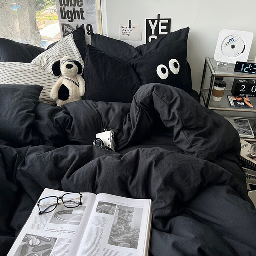 床笠三件套0.9x190日式简约软糯水洗棉四纯色被床单人学生床上用 ins暗黑 1.5m床单四件套：被套200x230cm